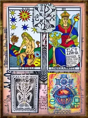 Poster Alchemie en tarot. Manuscripten, schetsen, graffiti en alchemistische, astrologische, esoterische, etnische tekeningen, met symbolen, tarots en chemische en magische formules © Rosario Rizzo