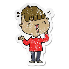 distressed sticker of a cartoon happy boy surprised