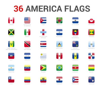 America flags of country. 36 flag rounded square icons Vector on White background.