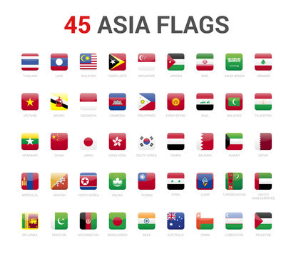 Asia flags of country. 45 flag rounded square icons Vector on White background.