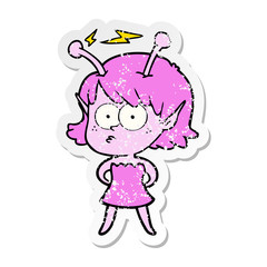 distressed sticker of a cartoon alien girl