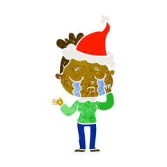 retro cartoon of a crying woman wearing santa hat