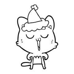 line drawing of a cat singing wearing santa hat