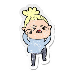 distressed sticker of a cartoon angry woman