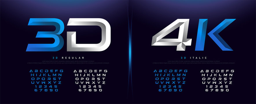 Elegant Silver And Blue 3D Metal Chrome Alphabet And Number Font. Typography technology, digital, movie logo fonts design. vector illustration