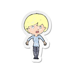 retro distressed sticker of a cartoon woman shrugging shoulders