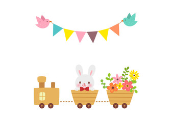 Cute train carrying cute bunny and flowers