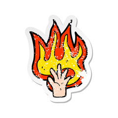 retro distressed sticker of a flaming hand symbol