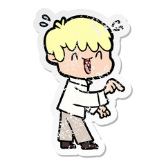 distressed sticker of a cartoon laughing boy
