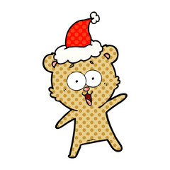 laughing teddy  bear comic book style illustration of a wearing santa hat