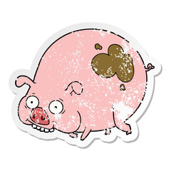 distressed sticker of a cartoon muddy pig