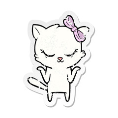 Obraz premium distressed sticker of a cute cartoon cat with bow