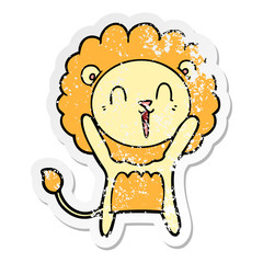 distressed sticker of a laughing lion cartoon
