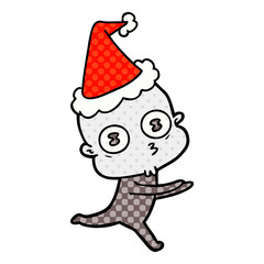 comic book style illustration of a weird bald spaceman running wearing santa hat