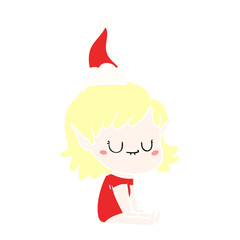 happy flat color illustration of a elf girl wearing santa hat