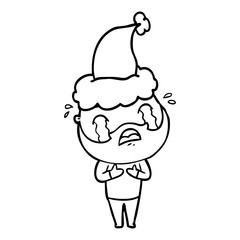 line drawing of a bearded man crying wearing santa hat