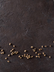Hemp seeds top view. Unpeeled raw organic hemp seed on black background. Copy space. Vertical.