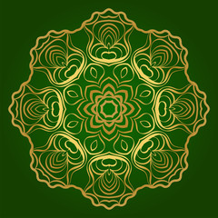 Traditional Ornamental Floral Mandala. Vector Illustration. For Coloring Book, Greeting Card, Invitation, Tattoo. Anti-Stress Therapy Pattern. Green gold color
