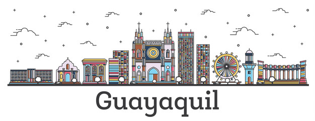 Outline Guayaquil Ecuador City Skyline with Color Buildings Isolated on White.