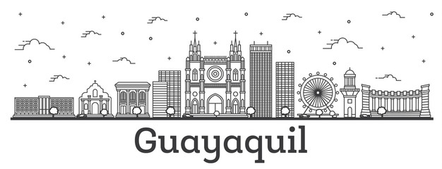 Outline Guayaquil Ecuador City Skyline with Historical Buildings Isolated on White.