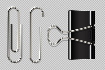 Paper clips. Realistic binder, paper holder isolated on white background, macro metal notebook fasteners. Vector paper clip set - obrazy, fototapety, plakaty