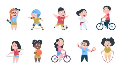 Cartoon sport kids. Boys and girls playing ball, group of children ride on bike, do active physical exercises. Vector playing kids set