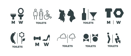 Toilet signs. He she WC door symbols, man and woman bathroom direction signs. Vector funny icons of restroom pictogram set - obrazy, fototapety, plakaty