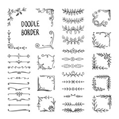 Doodle border. Flower ornament frame, hand drawn decorative corner elements, floral sketch pattern. Vector doodle frame elements