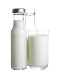 Milk in glass and bottle isolated on white background.