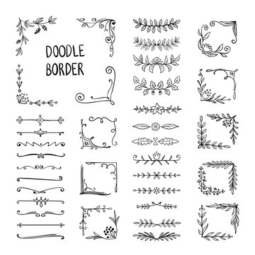 Doodle border. Flower ornament frame, hand drawn decorative corner elements, floral sketch pattern. Vector doodle frame elements