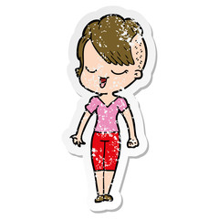 distressed sticker of a happy cartoon girl