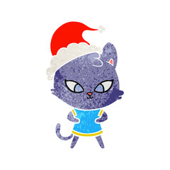 cute retro cartoon of a cat wearing santa hat