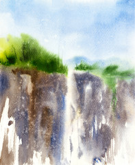 Waterfall and trees. Watercolor illustration