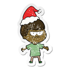 distressed sticker cartoon of a angry man wearing santa hat