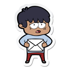 sticker of a cartoon exhausted boy with letter