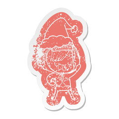 cartoon distressed sticker of a astronaut woman wearing santa hat