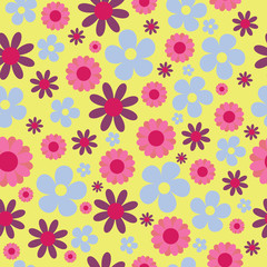 Vector yellow pink blue hippie floral seamless pattern background