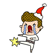 comic book style illustration of a crying man wearing santa hat
