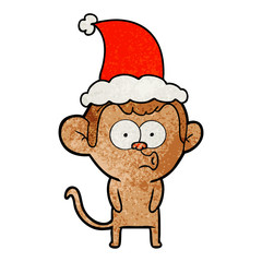 textured cartoon of a hooting monkey wearing santa hat