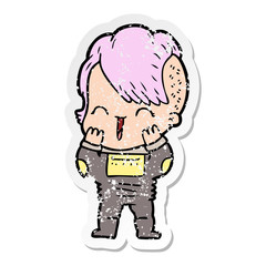 distressed sticker of a cartoon happy hipster girl wearing space suit
