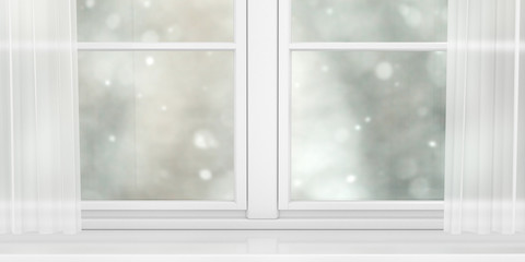 wide white window with white quarrels with a view of boke behind it, 3d illustration
