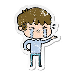 distressed sticker of a cartoon boy crying