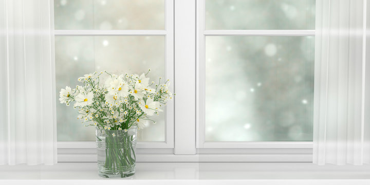 bouquet of beautiful white daisies standing on the window sill of a wide white window, 3d illustration