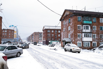 On one of the streets of the village of Sheregesh in Mountain Shoria (Siberia - Russia).