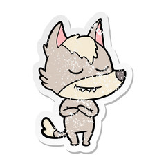 distressed sticker of a friendly cartoon wolf