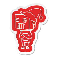 cartoon  sticker of a robot wearing santa hat