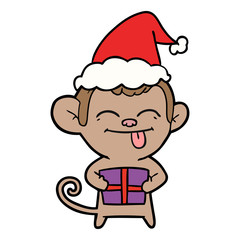 funny line drawing of a monkey with christmas present wearing santa hat