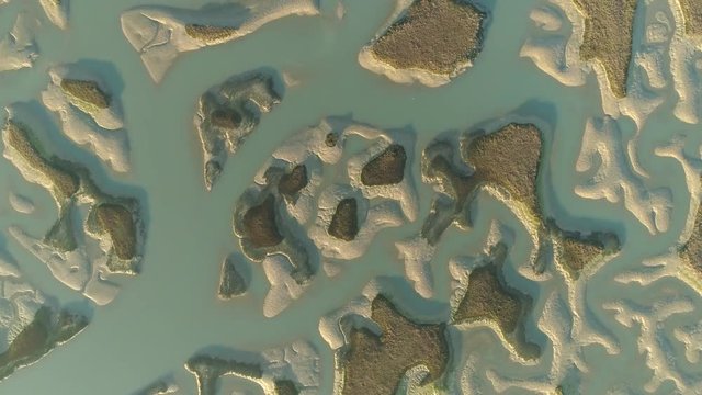 Aerial view of intertidal zone. Sandbanks in tide zone, Ocean shore - Atlantic Ocean