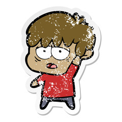 distressed sticker of a cartoon exhausted boy