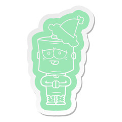 cartoon  sticker of a robot wearing santa hat